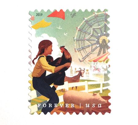 100 Fair Farm Girl 100-H Forever Stamps Farm Animals and Ferris Wheel Amusement Park Barnyard Carnival Stamps for Mailing
